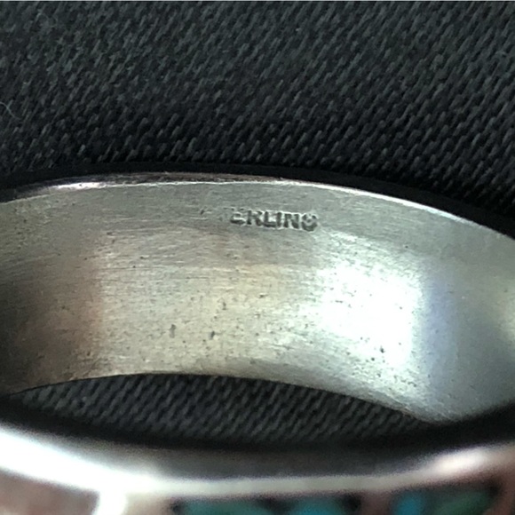 Southwest Native Sterling Silver Crushed Turquoise Coral Mosaic Ring Sz 12-1/2 - Picture 12 of 17